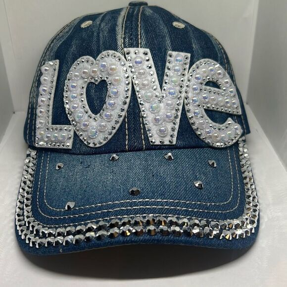 Denim Rhinestone LOVE Baseball Cap - Picture 1 of 5